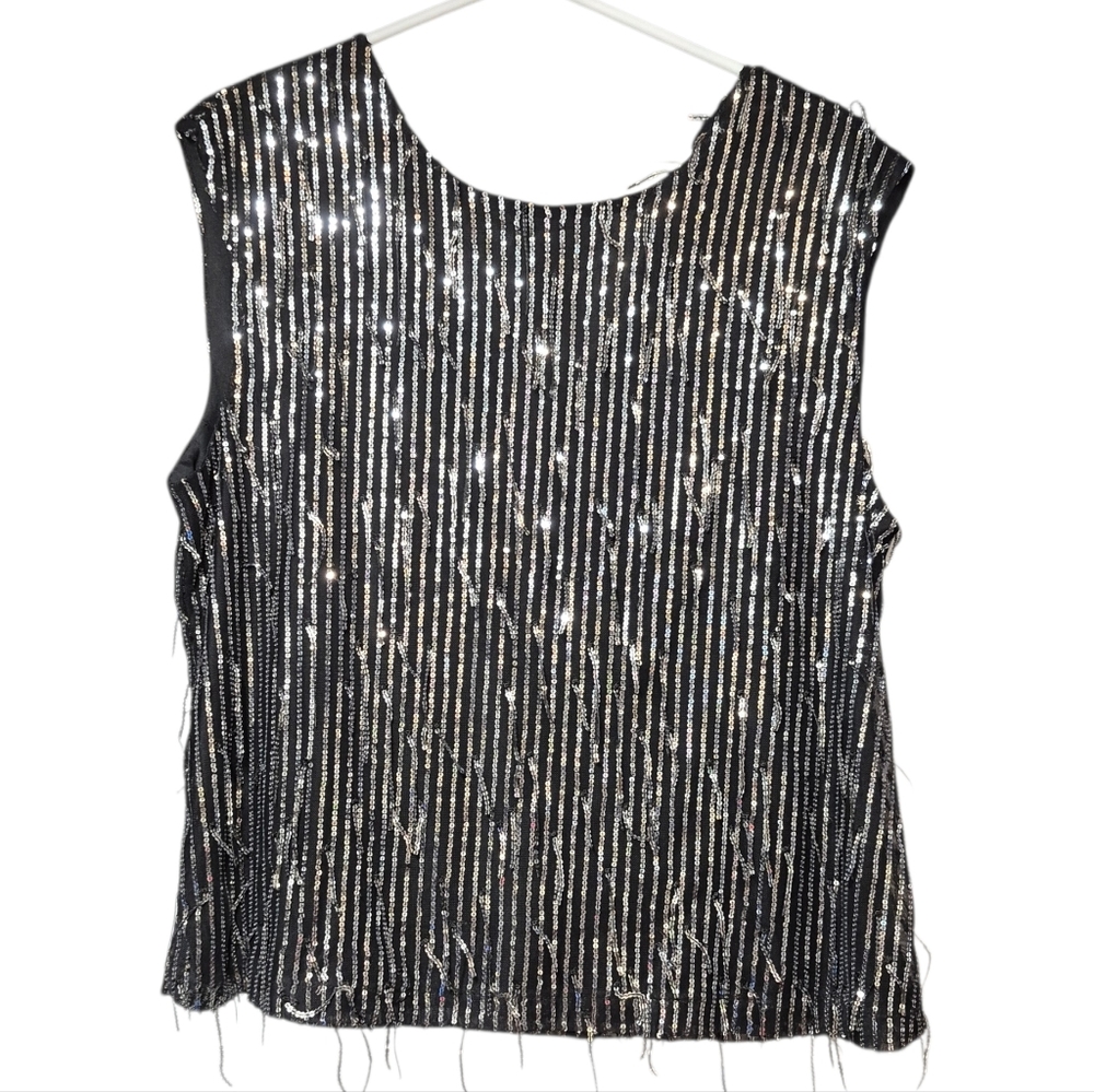 Autres Filles Women's Sequin Sleeveless Blouse Black Silver Size XL Date Night